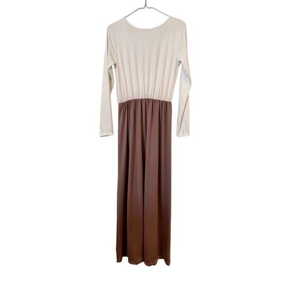 Soho Chic Two-tone Colorblock Long Sleeve Dress White Amber Brown Medium - Picture 1 of 3